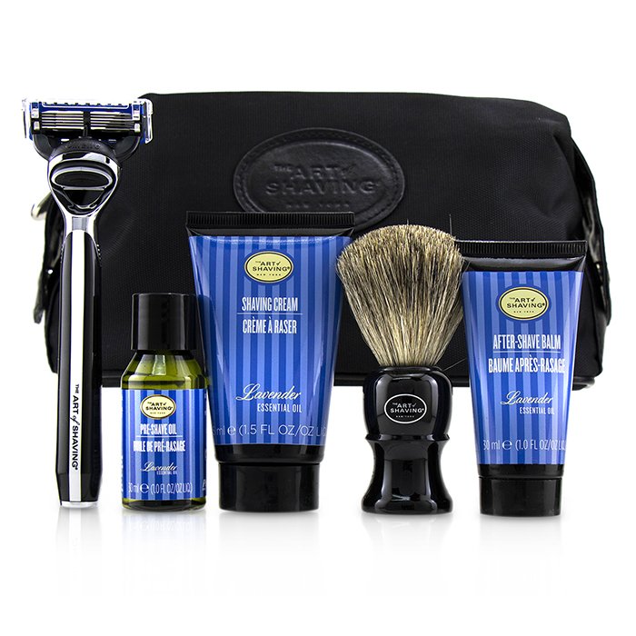 디 아트 오브 쉐이빙 The Four Elements of The Perfect Shave Set with Bag - Lavender: Pre Shave Oil + Shave Crm + A/S Balm + Brush + Razor 5pcs+1Bag
